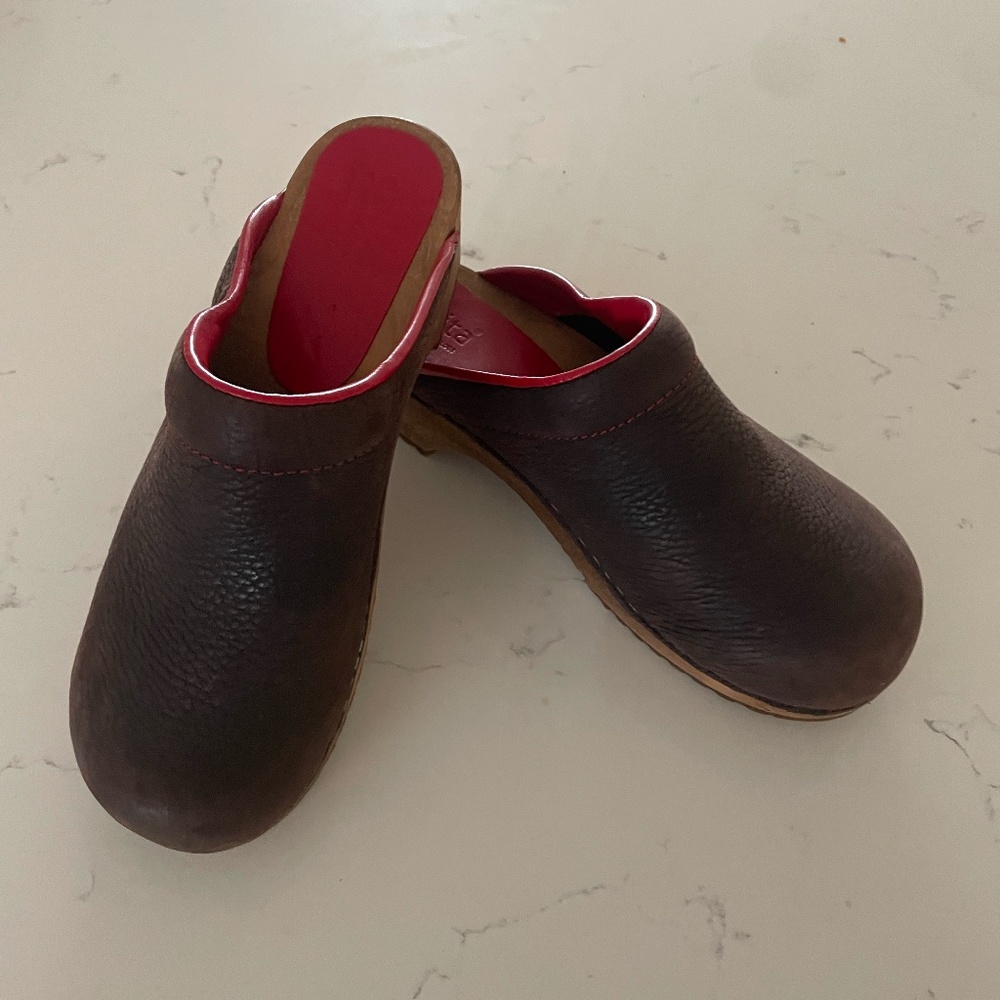 Sanita Brown Leather Clogs with Pink Interior